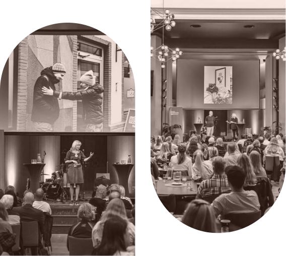 To bilder i sort-hvitt fra ruskonferansen "Alle kan gjøre litt" i Bergen i 2024. Fotograf Morten Hvaal